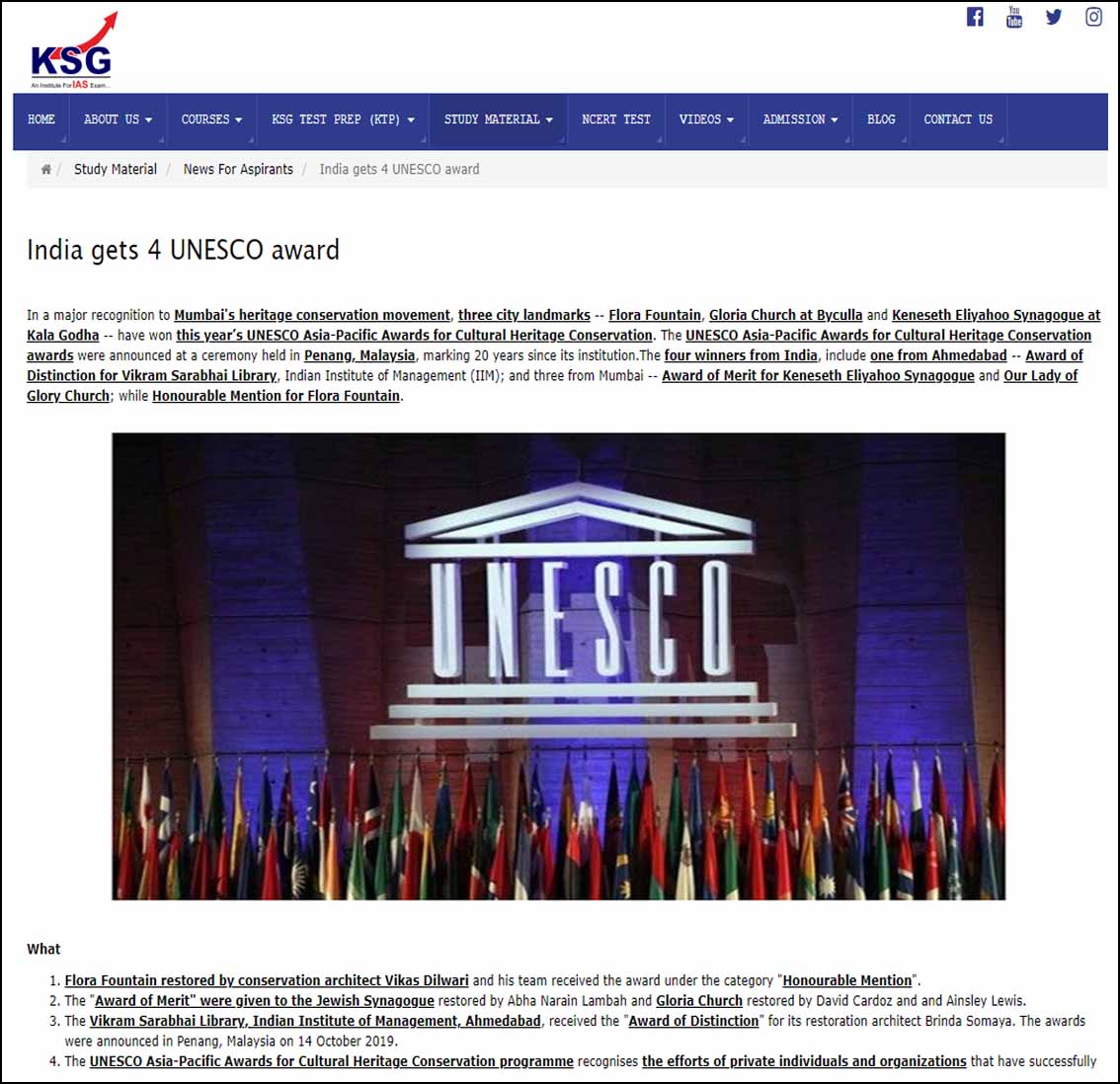 India gets four UNESCO award,KSG India- October 2019